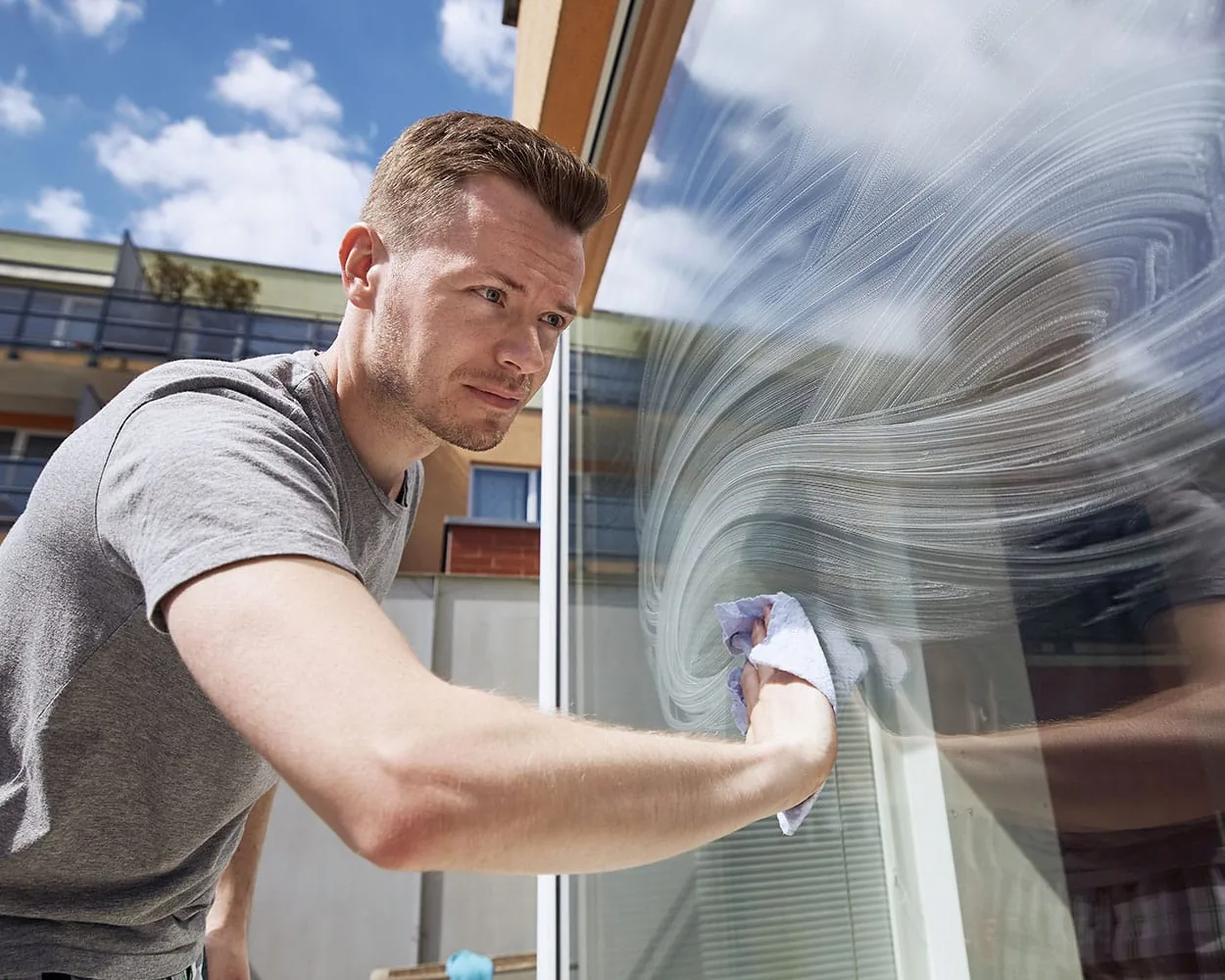 Sorgfältige Glasreinigung mit einem Fensterwischer